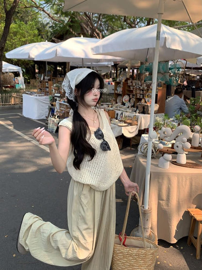 Leg Waist Top / Plain Wide Sleeveless Pants High Tank Scoop Neck Knit