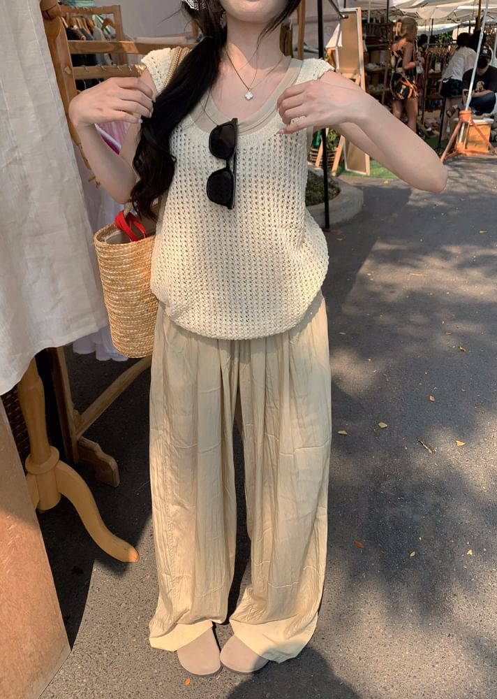 Leg Waist Top / Plain Wide Sleeveless Pants High Tank Scoop Neck Knit