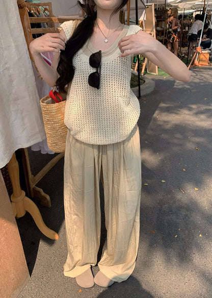 Leg Waist Top / Plain Wide Sleeveless Pants High Tank Scoop Neck Knit