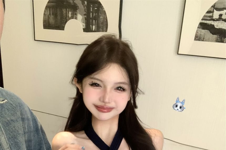 Knit Camisole Halter Neck Top Ribbed Plain Crop