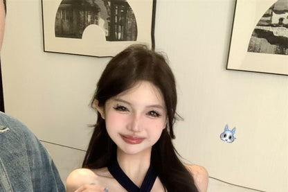 Knit Camisole Halter Neck Top Ribbed Plain Crop