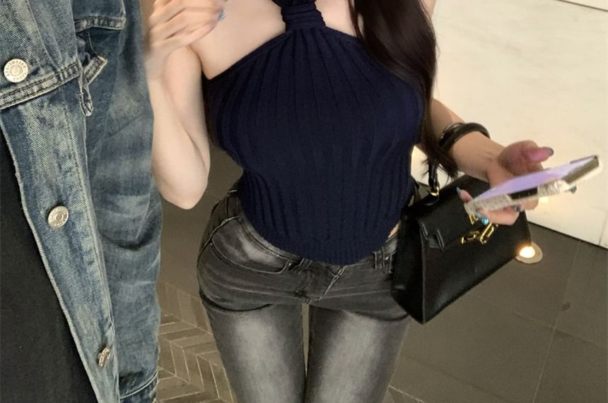 Knit Camisole Halter Neck Top Ribbed Plain Crop