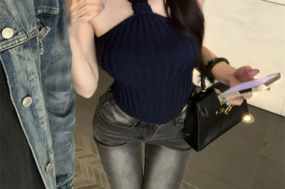 Knit Camisole Halter Neck Top Ribbed Plain Crop
