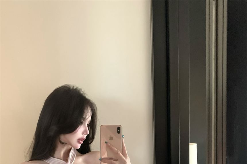 Knit Camisole Halter Neck Top Ribbed Plain Crop