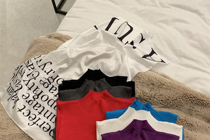 Plain Crop Ribbed Neck Top Sleeveless Knit Mock