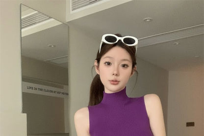 Plain Crop Ribbed Neck Top Sleeveless Knit Mock
