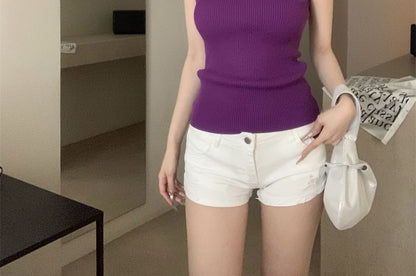 Plain Crop Ribbed Neck Top Sleeveless Knit Mock