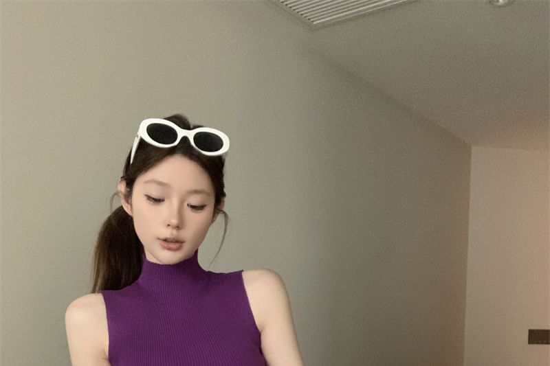 Plain Crop Ribbed Neck Top Sleeveless Knit Mock