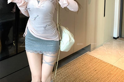 Knit Lace / Bodycon Neck Dress Trim Scoop Mini Spaghetti Top Plain Bow Long-Sleeve Strap