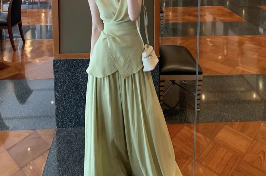 V-Neck Tank Maxi Set: Top Waist A-Line Elastic Plain Skirt Asymmetrical +