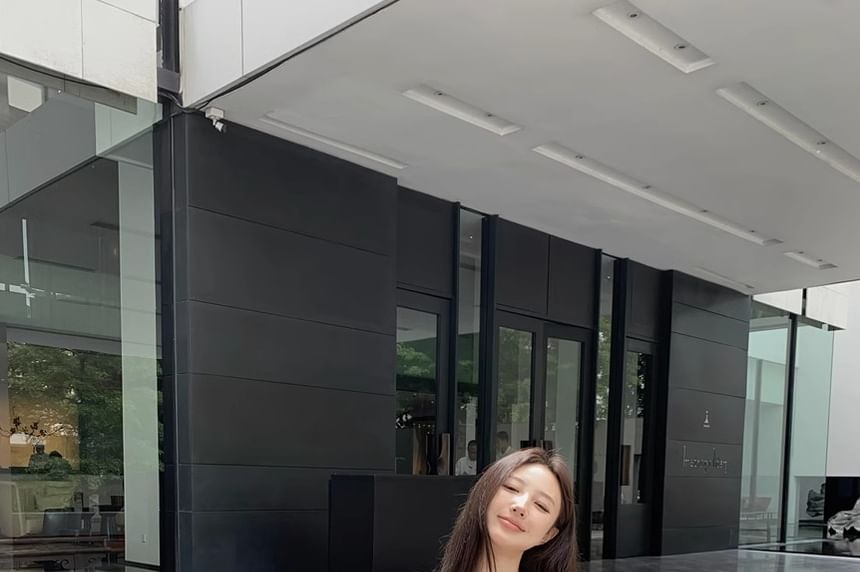 V-Neck Tank Maxi Set: Top Waist A-Line Elastic Plain Skirt Asymmetrical +