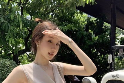 V-Neck Tank Maxi Set: Top Waist A-Line Elastic Plain Skirt Asymmetrical +