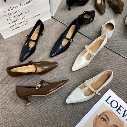 Jane Pointed Shoes Pyramid Strap T Heel Mary