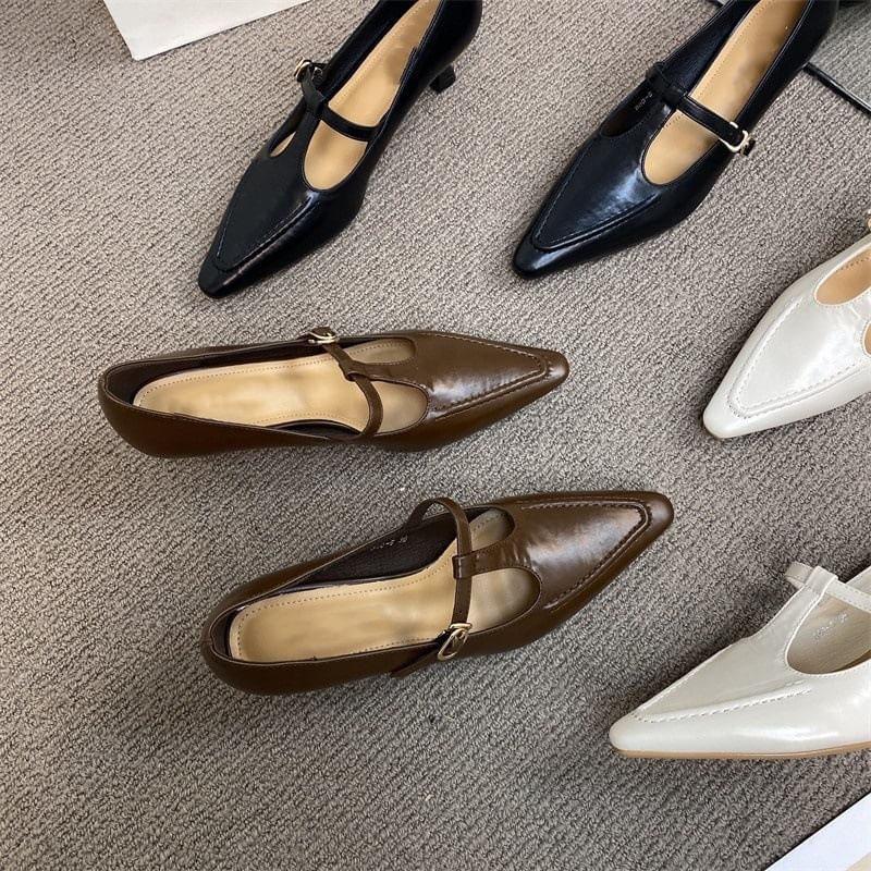 Jane Pointed Shoes Pyramid Strap T Heel Mary