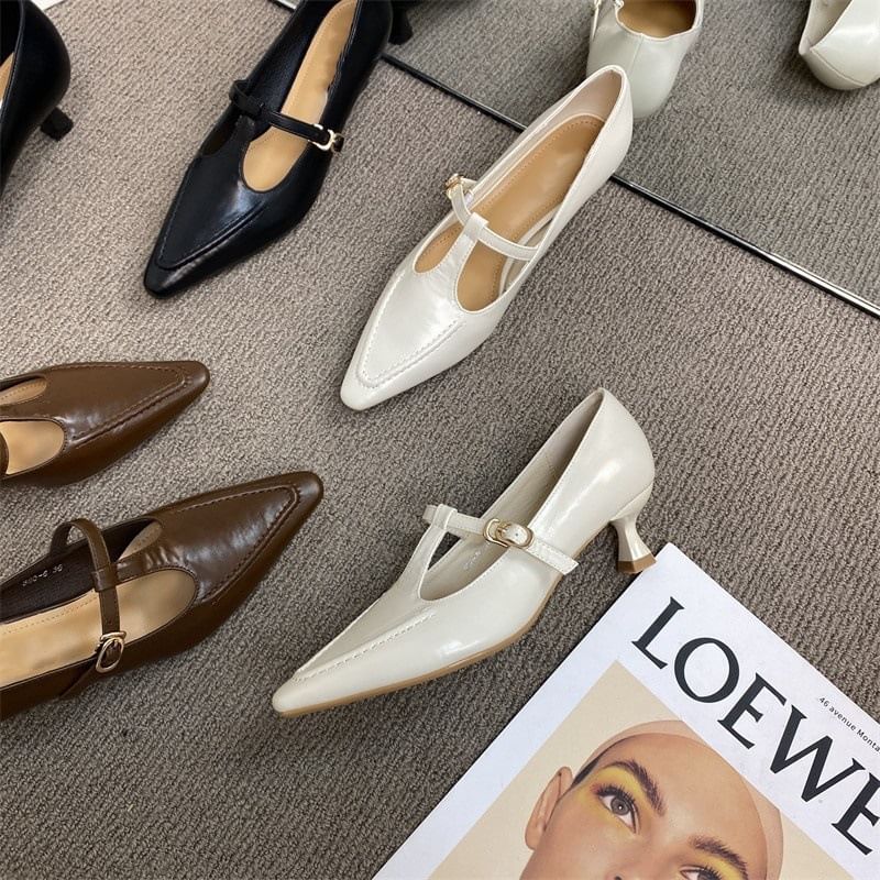Jane Pointed Shoes Pyramid Strap T Heel Mary