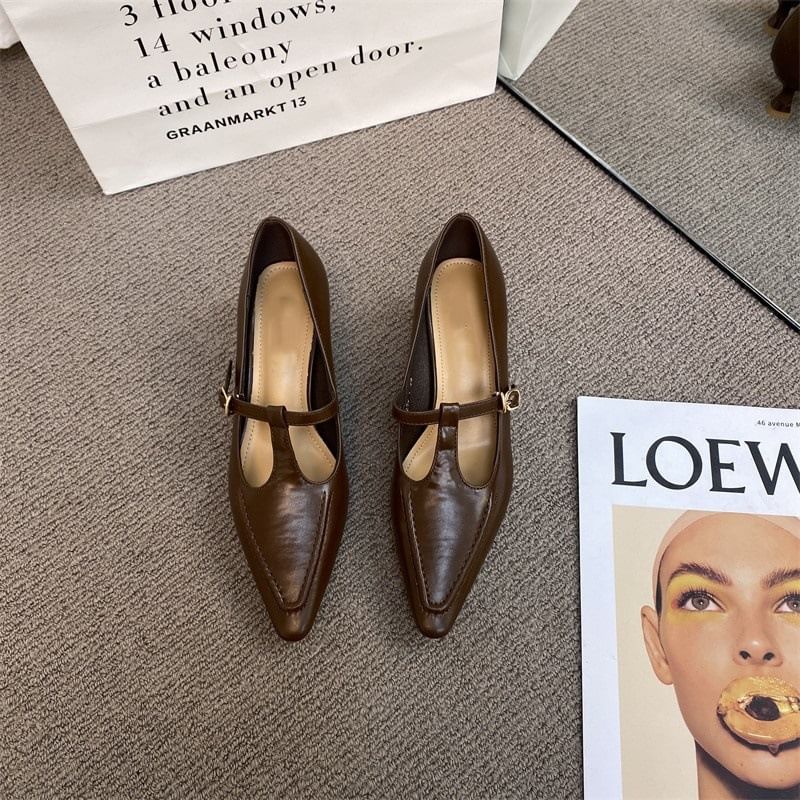 Jane Pointed Shoes Pyramid Strap T Heel Mary