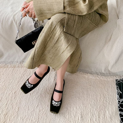 Toe Low Square Heel Velvet Rhinestone Pumps