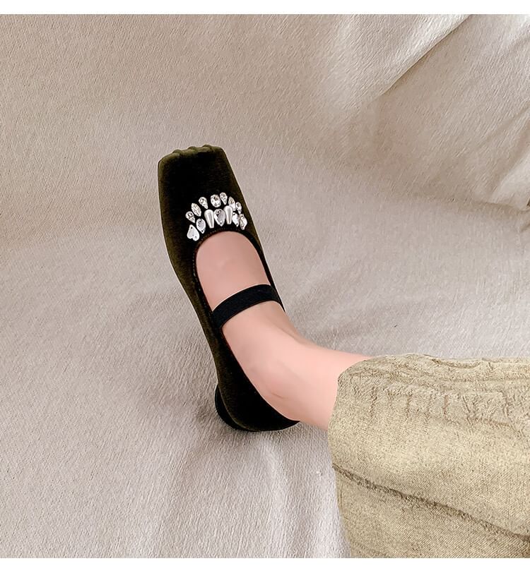 Toe Low Square Heel Velvet Rhinestone Pumps