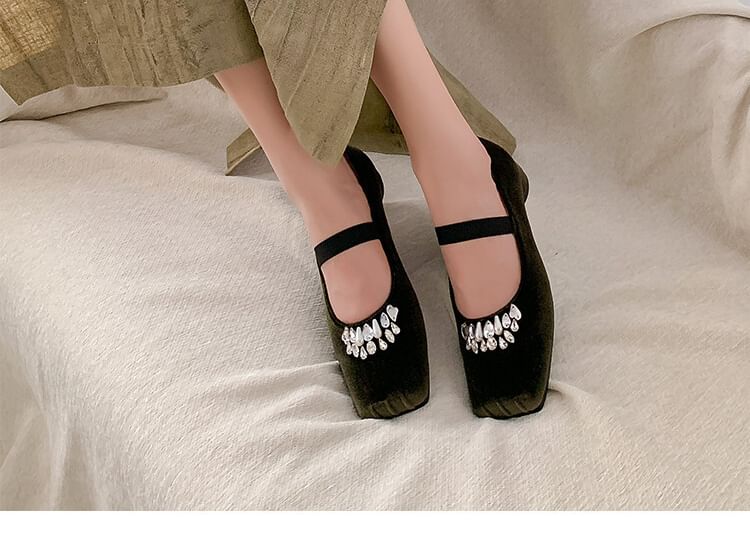Toe Low Square Heel Velvet Rhinestone Pumps
