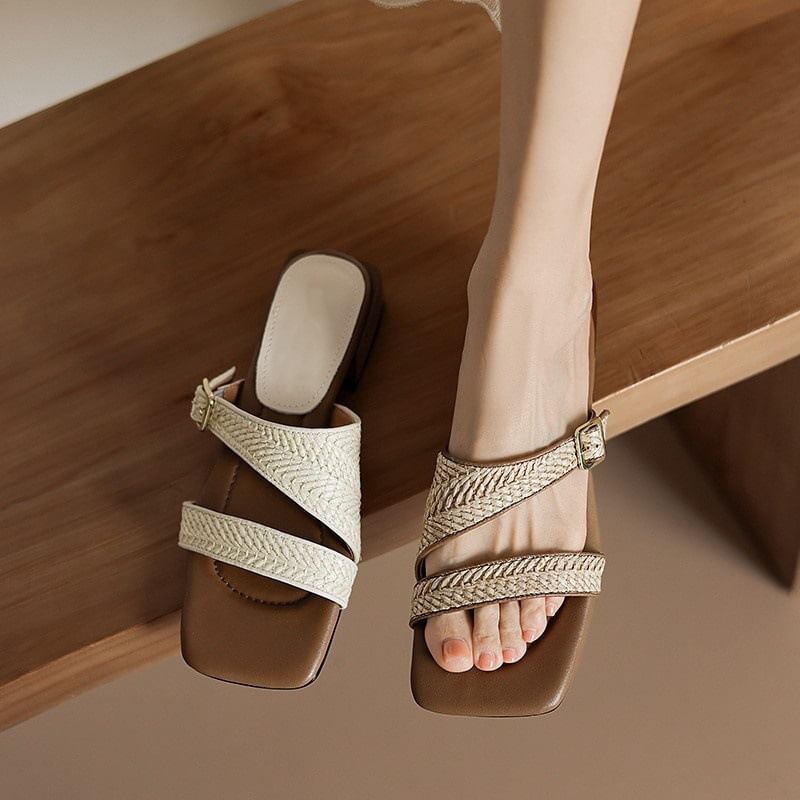 Strap Low Heel Sandals Square Woven Toe
