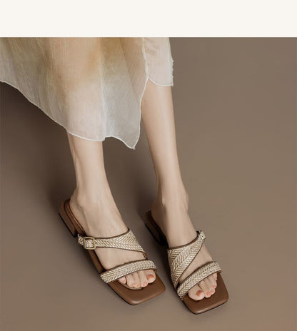 Strap Low Heel Sandals Square Woven Toe