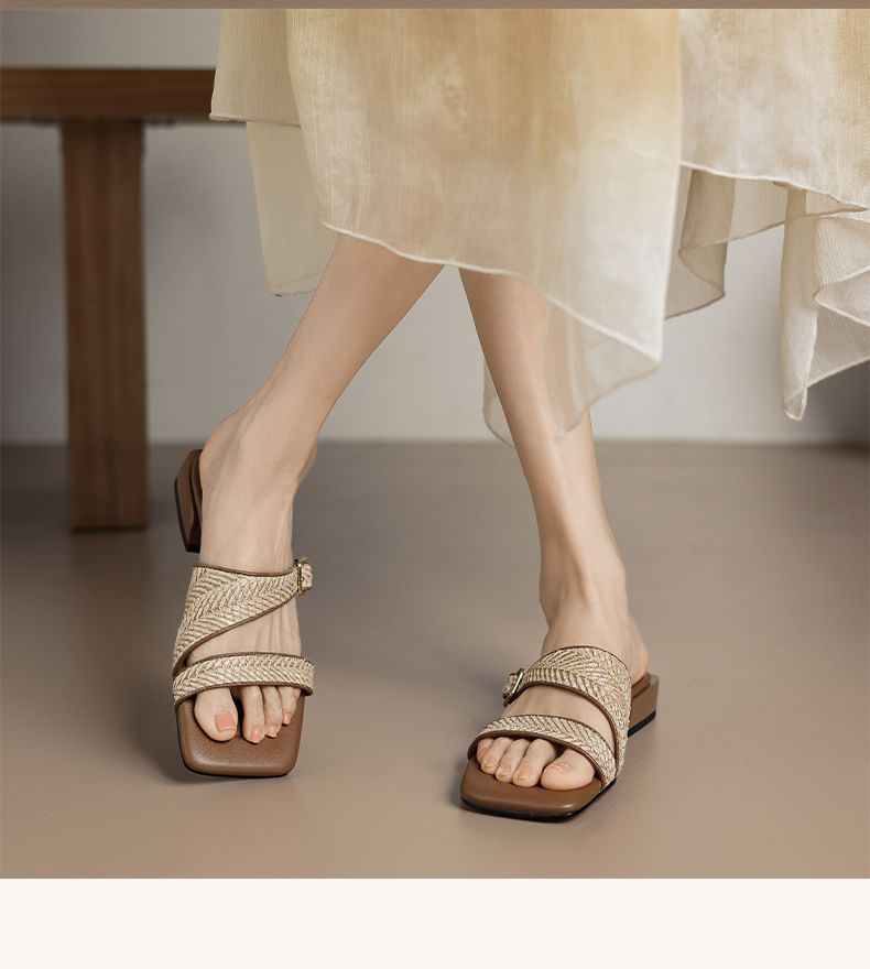 Strap Low Heel Sandals Square Woven Toe