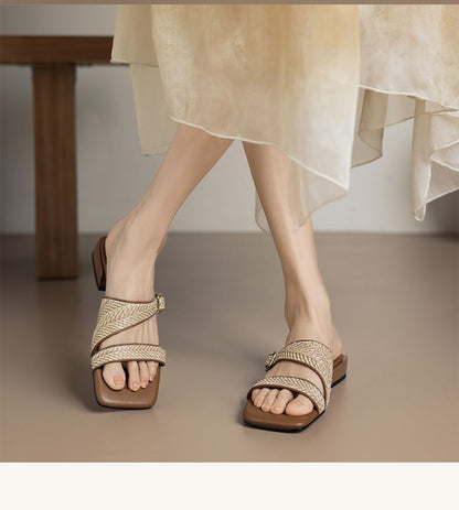 Strap Low Heel Sandals Square Woven Toe