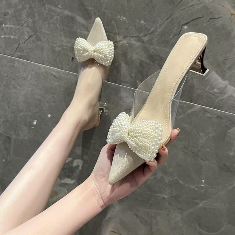 Transparent Heel Strap Beaded Bow Mules Spool