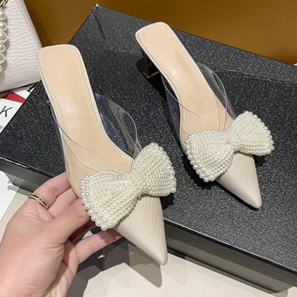 Transparent Heel Strap Beaded Bow Mules Spool