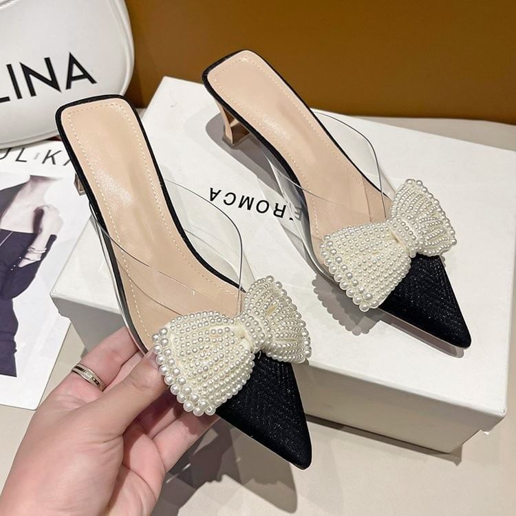 Transparent Heel Strap Beaded Bow Mules Spool