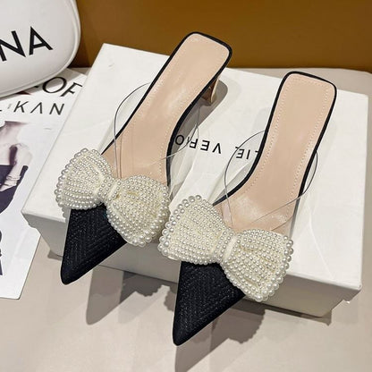 Transparent Heel Strap Beaded Bow Mules Spool