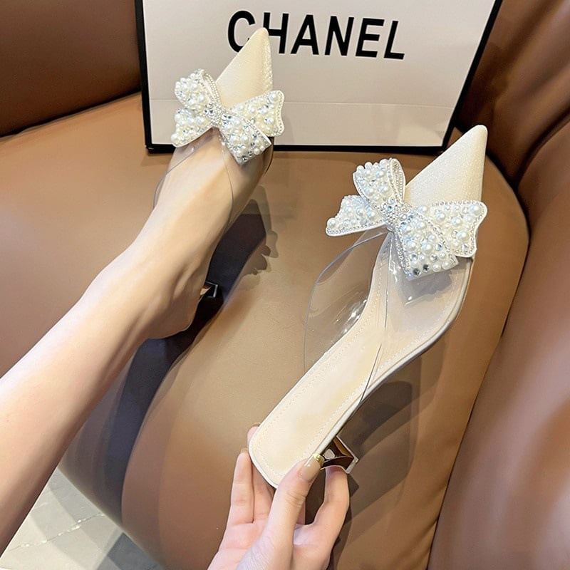 Beaded Bow Spool Heel Transparent Sandals
