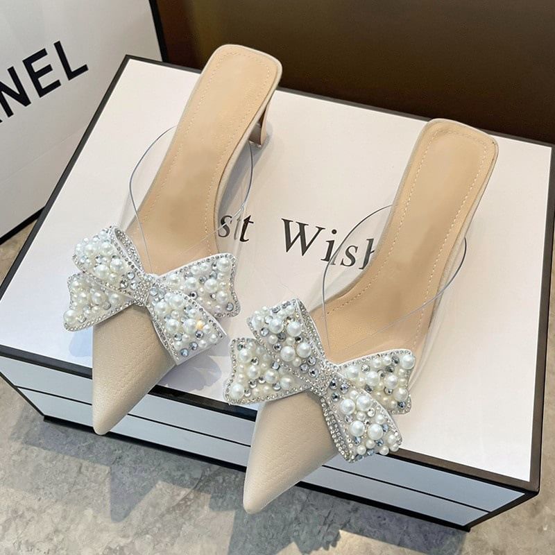 Beaded Bow Spool Heel Transparent Sandals