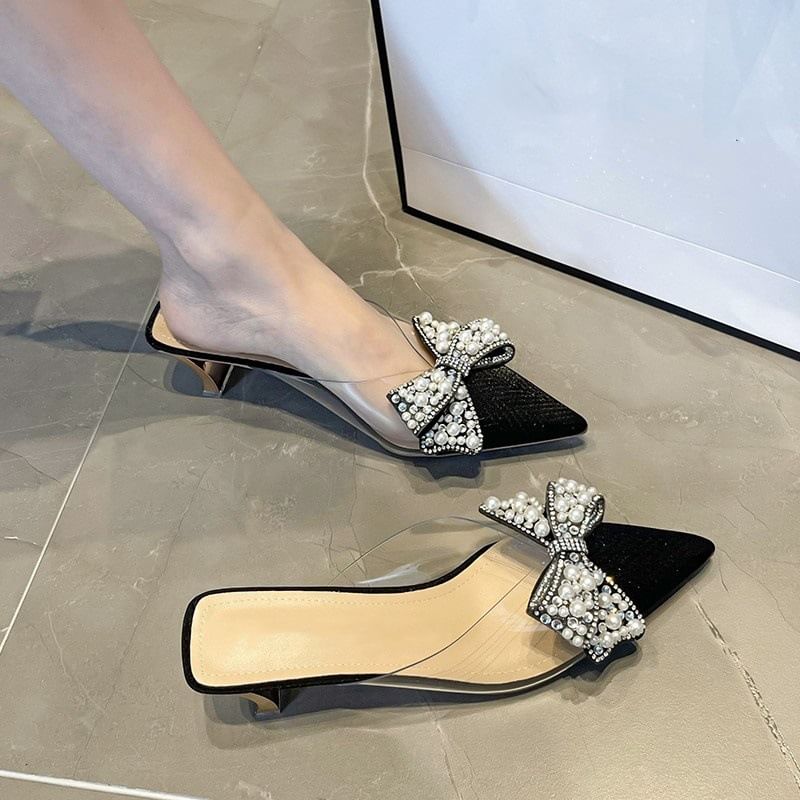 Beaded Bow Spool Heel Transparent Sandals