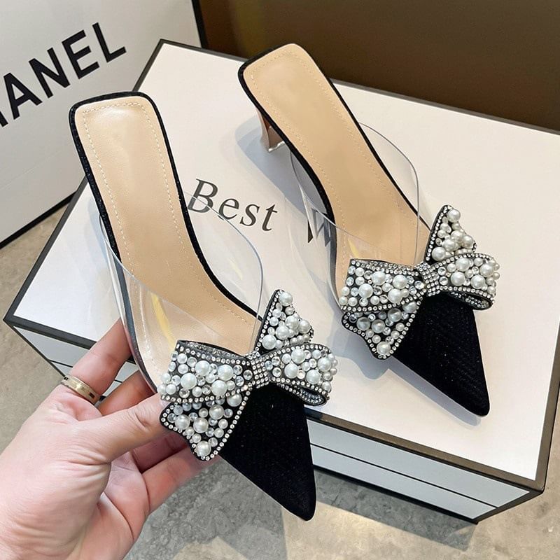 Beaded Bow Spool Heel Transparent Sandals