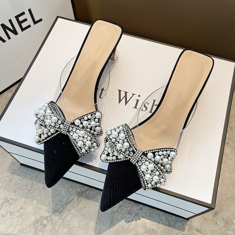 Beaded Bow Spool Heel Transparent Sandals