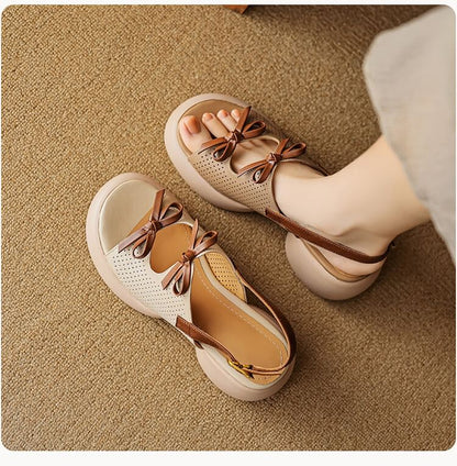 Leather Faux Sandals Platform Ribbon Accent