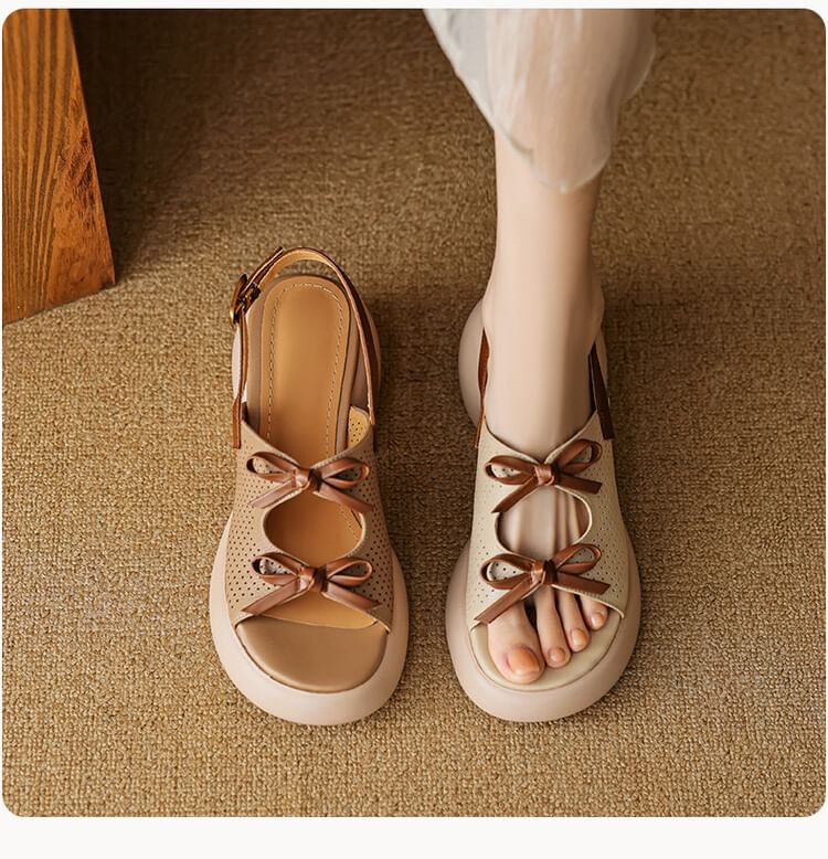 Leather Faux Sandals Platform Ribbon Accent