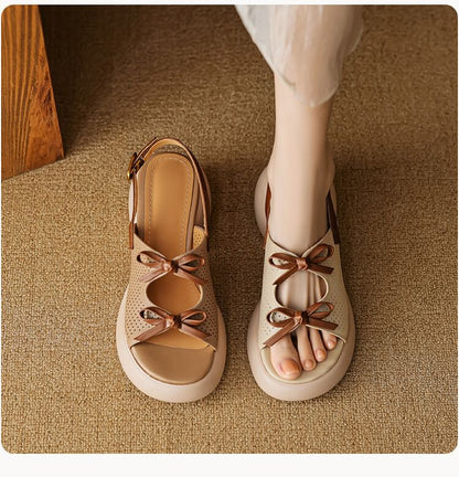 Leather Faux Sandals Platform Ribbon Accent