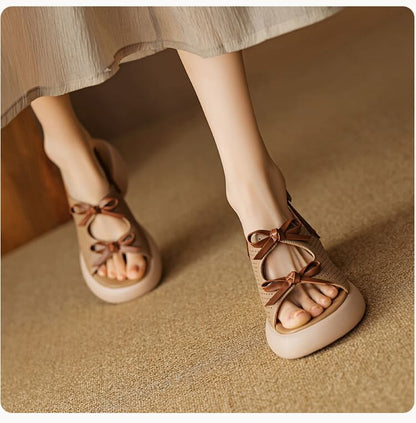 Leather Faux Sandals Platform Ribbon Accent