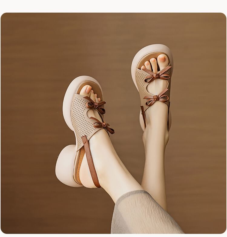 Leather Faux Sandals Platform Ribbon Accent