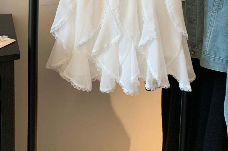 High Trim Lace Ruffle Waist Plain Mini Skirt A-Line