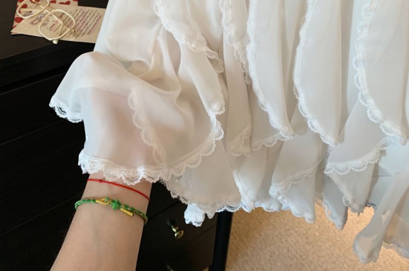 High Trim Lace Ruffle Waist Plain Mini Skirt A-Line