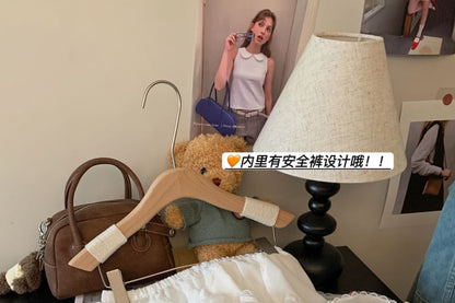 High Trim Lace Ruffle Waist Plain Mini Skirt A-Line