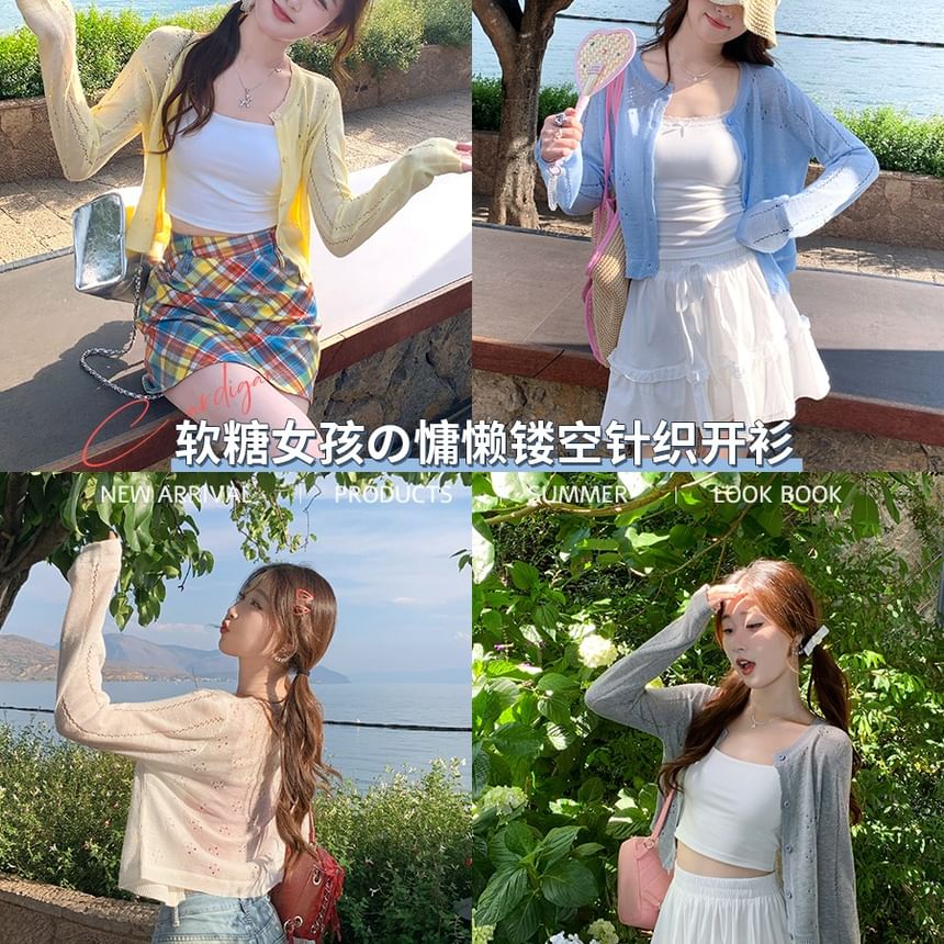 Button-Up Crew Cardigan Neck Perforated Plain Crop