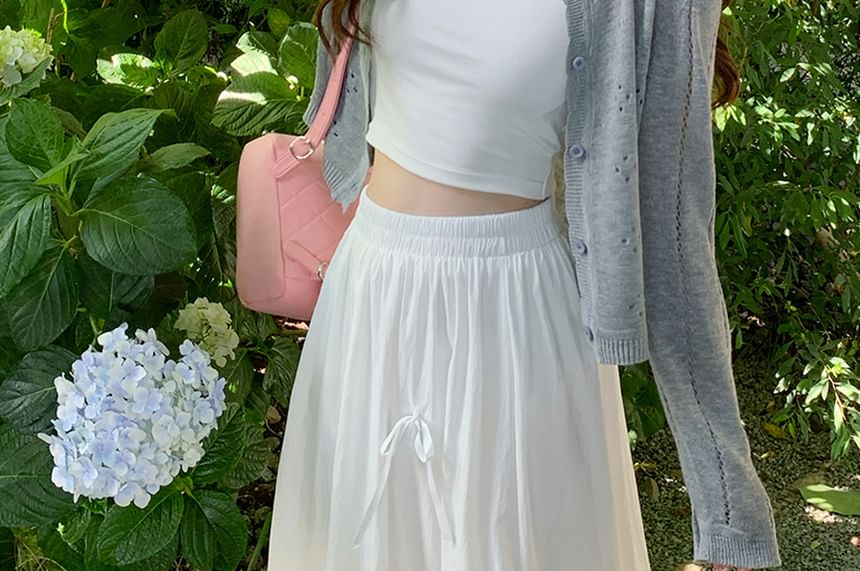 Button-Up Crew Cardigan Neck Perforated Plain Crop