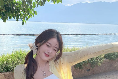 Button-Up Crew Cardigan Neck Perforated Plain Crop