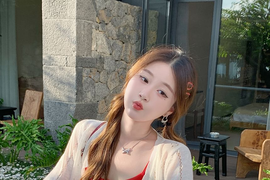 Button-Up Crew Cardigan Neck Perforated Plain Crop