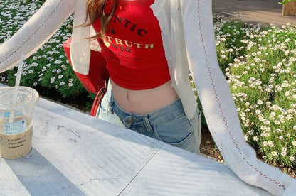 Button-Up Crew Cardigan Neck Perforated Plain Crop