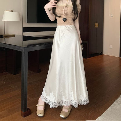 Lace Midi Panel Skirt Satin High Rise A-Line